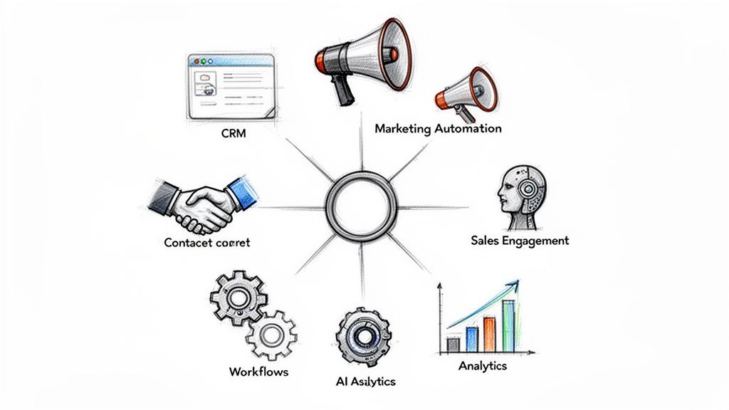 Diagram showing an all-in-one business platform integrating CRM, marketing, sales, analytics, and workflows.