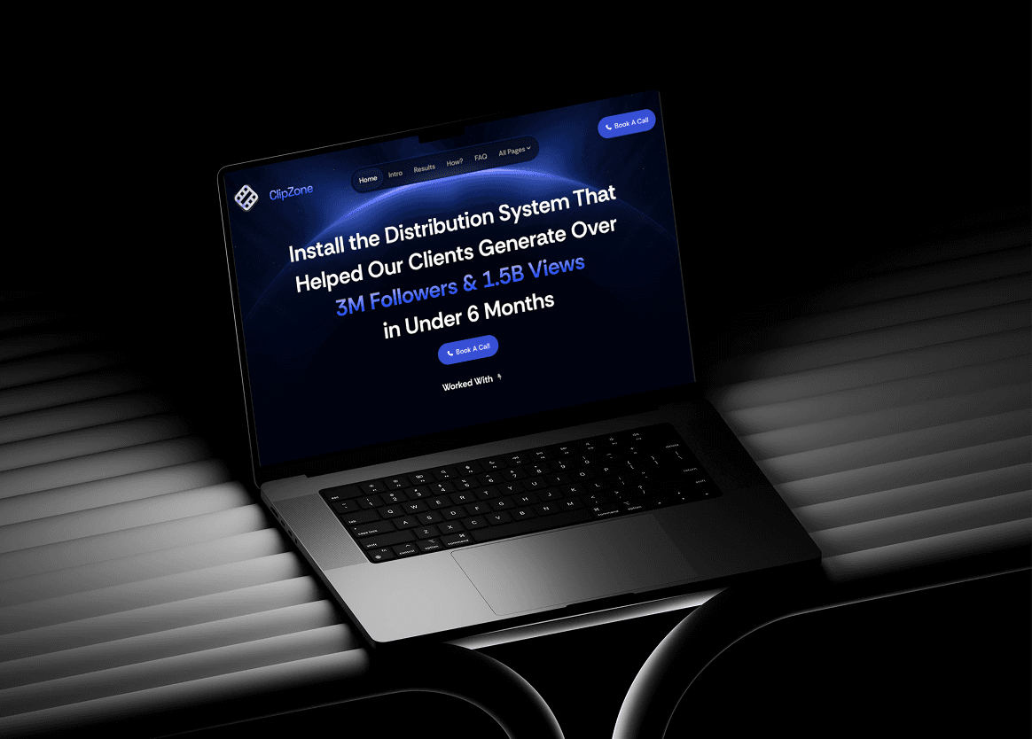 A sleek, metallic laptop displaying a marketing website with text highlighting increased followers and views sits against a dark background, casting soft shadows on the ribbed surface beneath it.