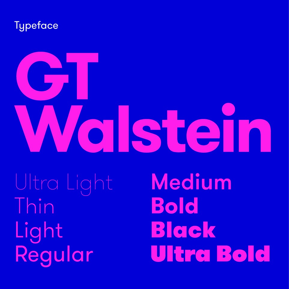 Graphic showcase of GT Walsheim typeface: 'WALSHEIM' in pink on vibrant blue background, with font weights listed below in lighter pink.