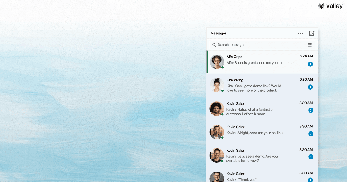 Close-up of Valley’s LinkedIn messaging interface showing active chat threads with professional contacts on a soft blue gradient background.