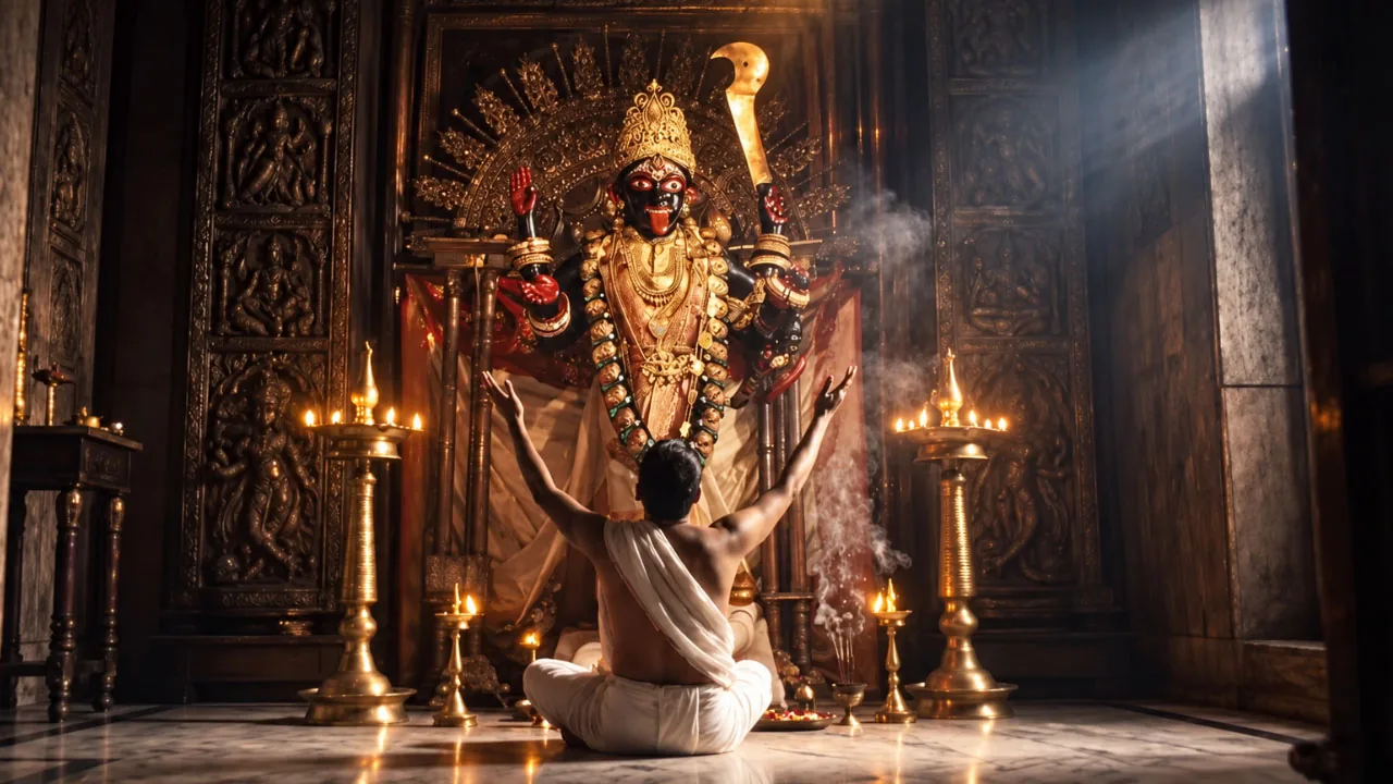 A devotee kneels before a fierce goddess in a candlelit temple.