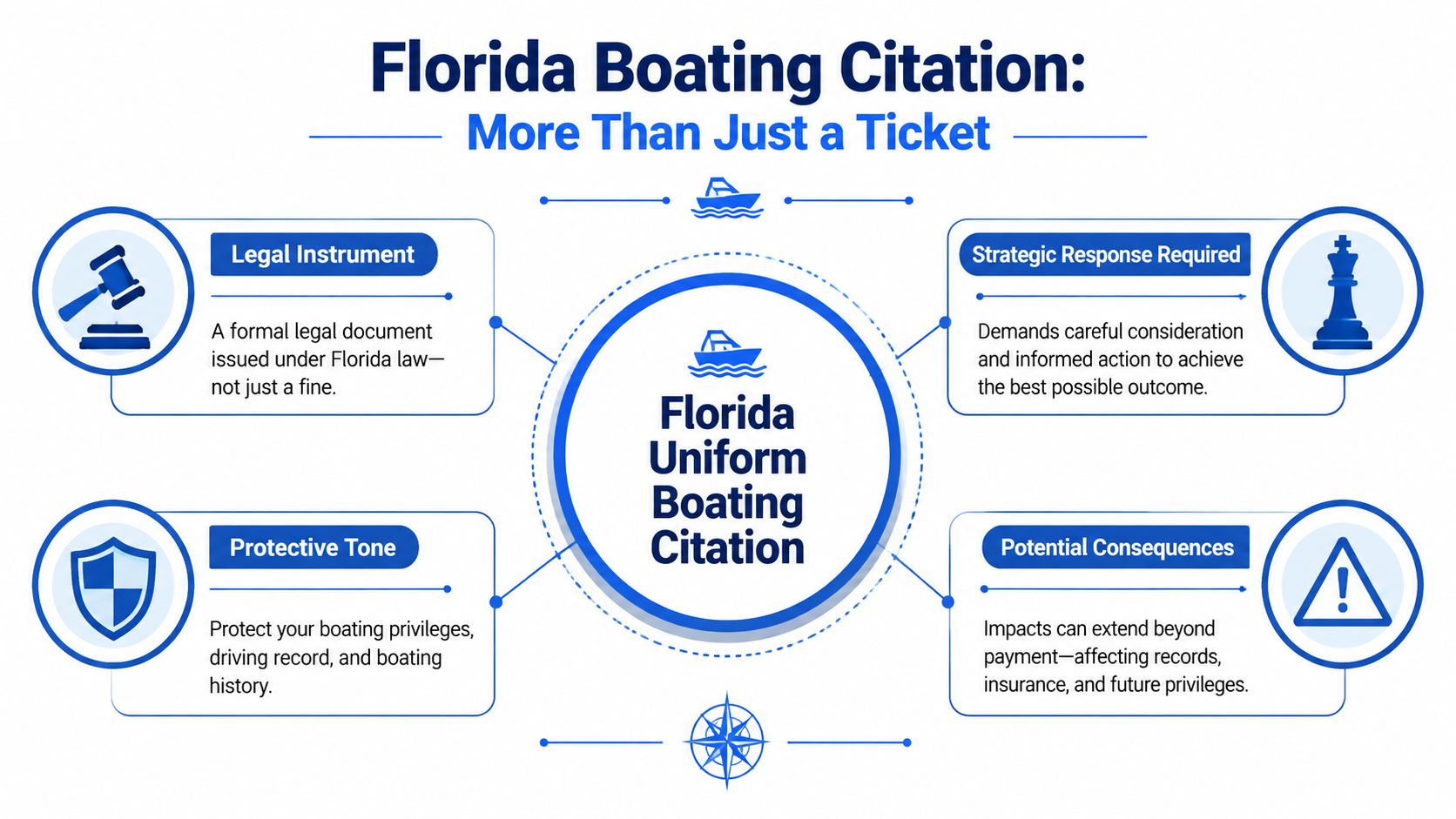 An infographic titled Florida Boating Citation explaining the serious legal nature and consequences of receiving a citation.