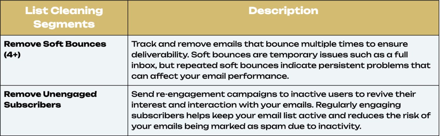 List Hygiene and Management.jpeg – Chart outlining list hygiene strategies, including removing inactive subscribers and handling bounced emails.