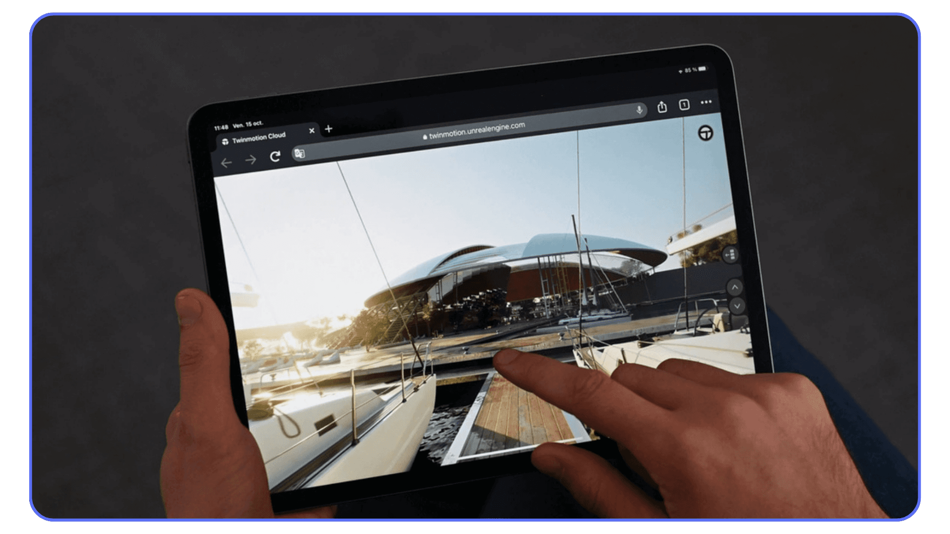 Hands holding a tablet displaying a Twinmotion Cloud scene of a modern marina with yachts, as the user navigates the view with touch gestures.