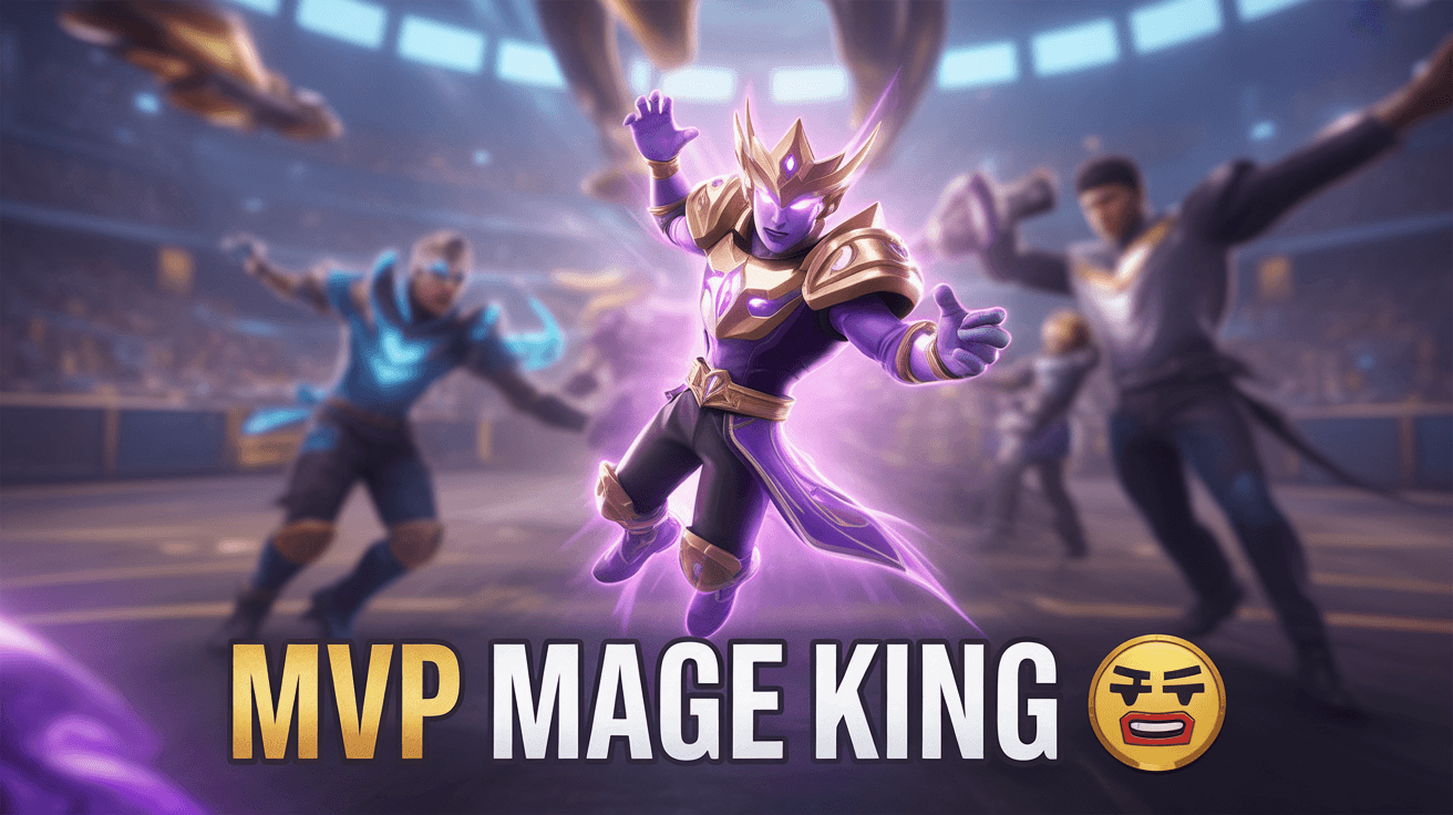 Cecilion floating above a blurred MLBB arena with gold purple aura and MVP Mage KING text