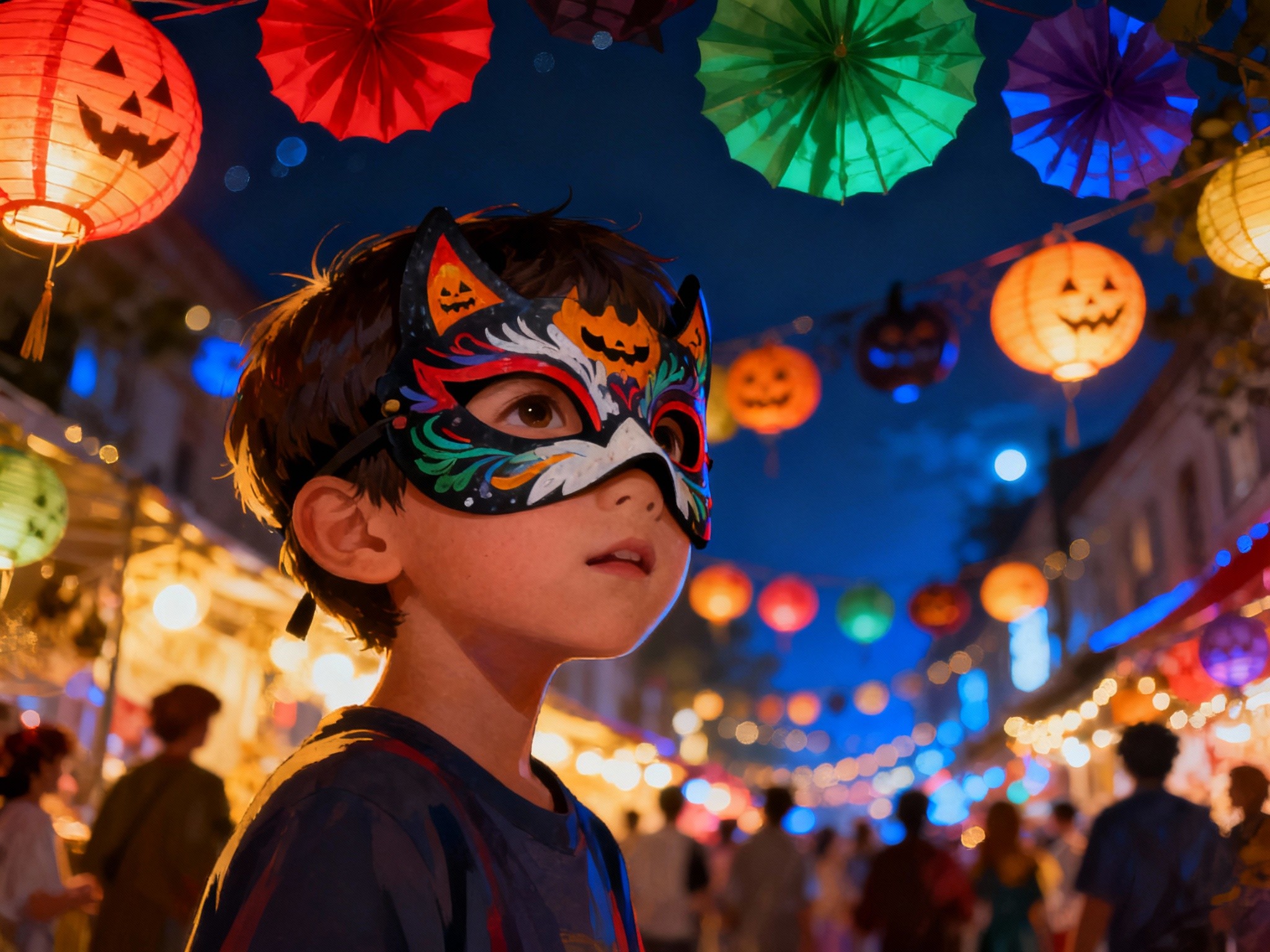 A vibrant illustration showcasing a bustling Halloween street festival at midnight, viewed from a