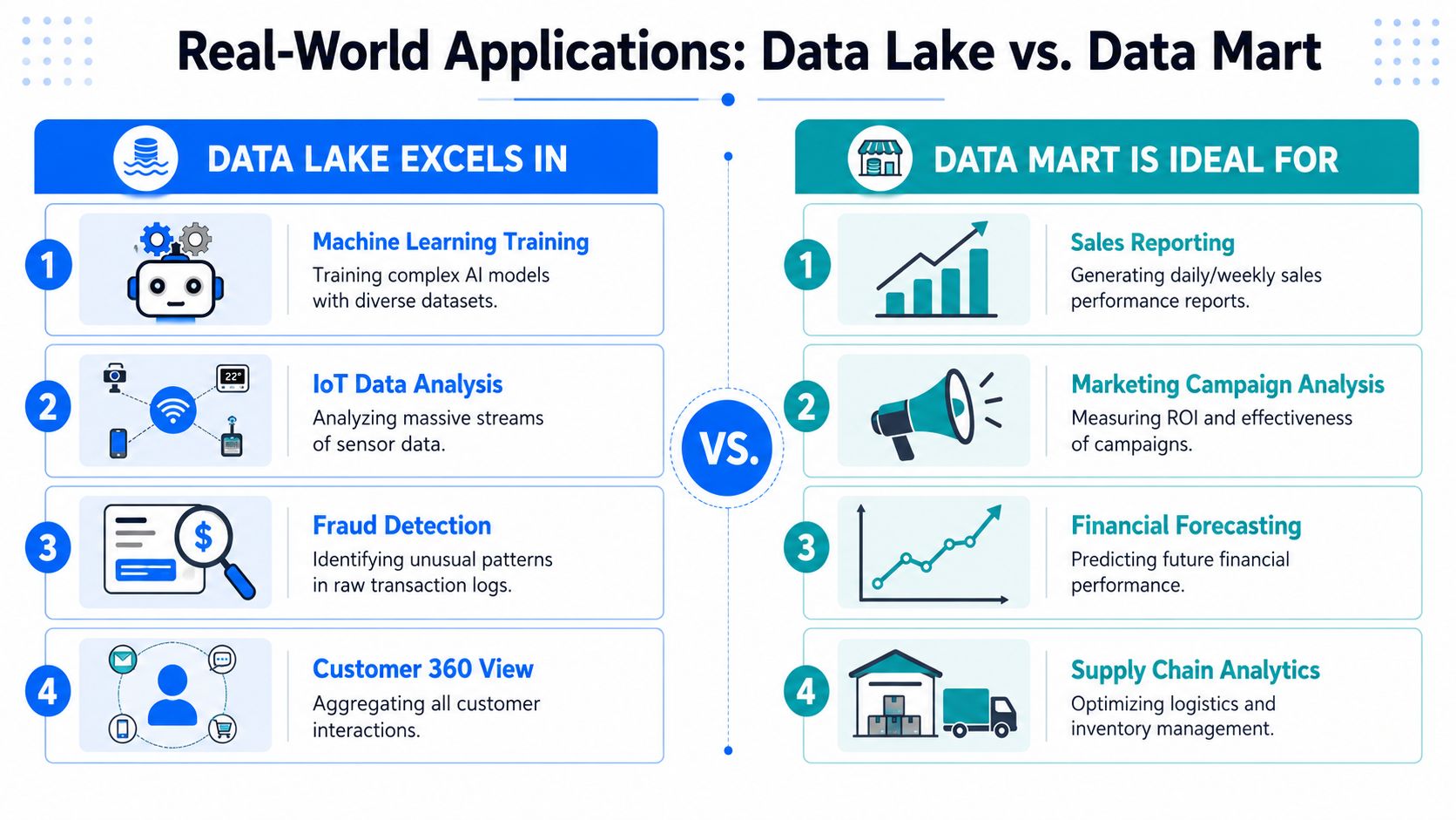 An infographic comparing the real-world applications of data lakes and data marts in business data architecture.