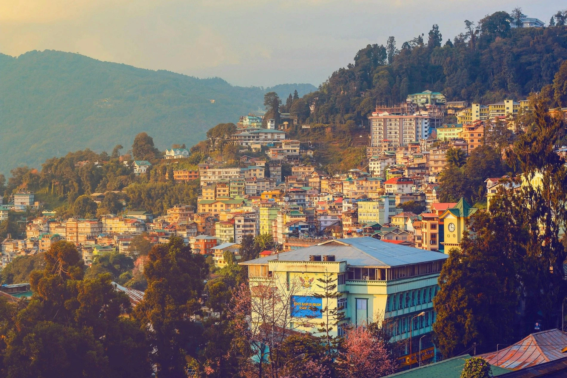 Hillside cityscape at sunset