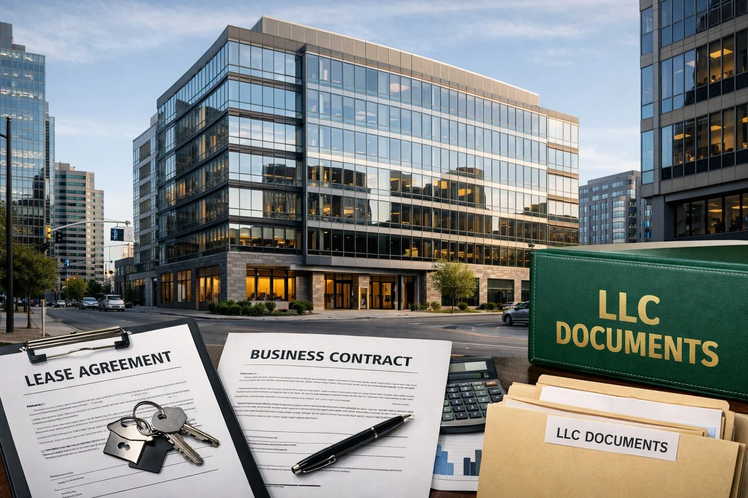 Commercial building linked to business documents, lease agreements, and an LLC folder, illustrating property tied to business in a realistic urban setting.