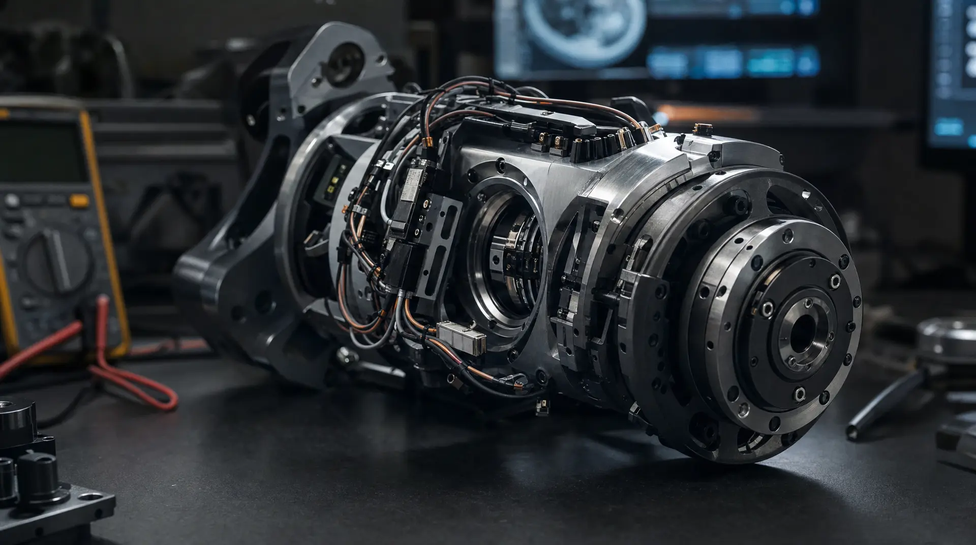 Metal robotic assembly with exposed wiring and precision ports on a workshop bench, reflecting robotics branding.