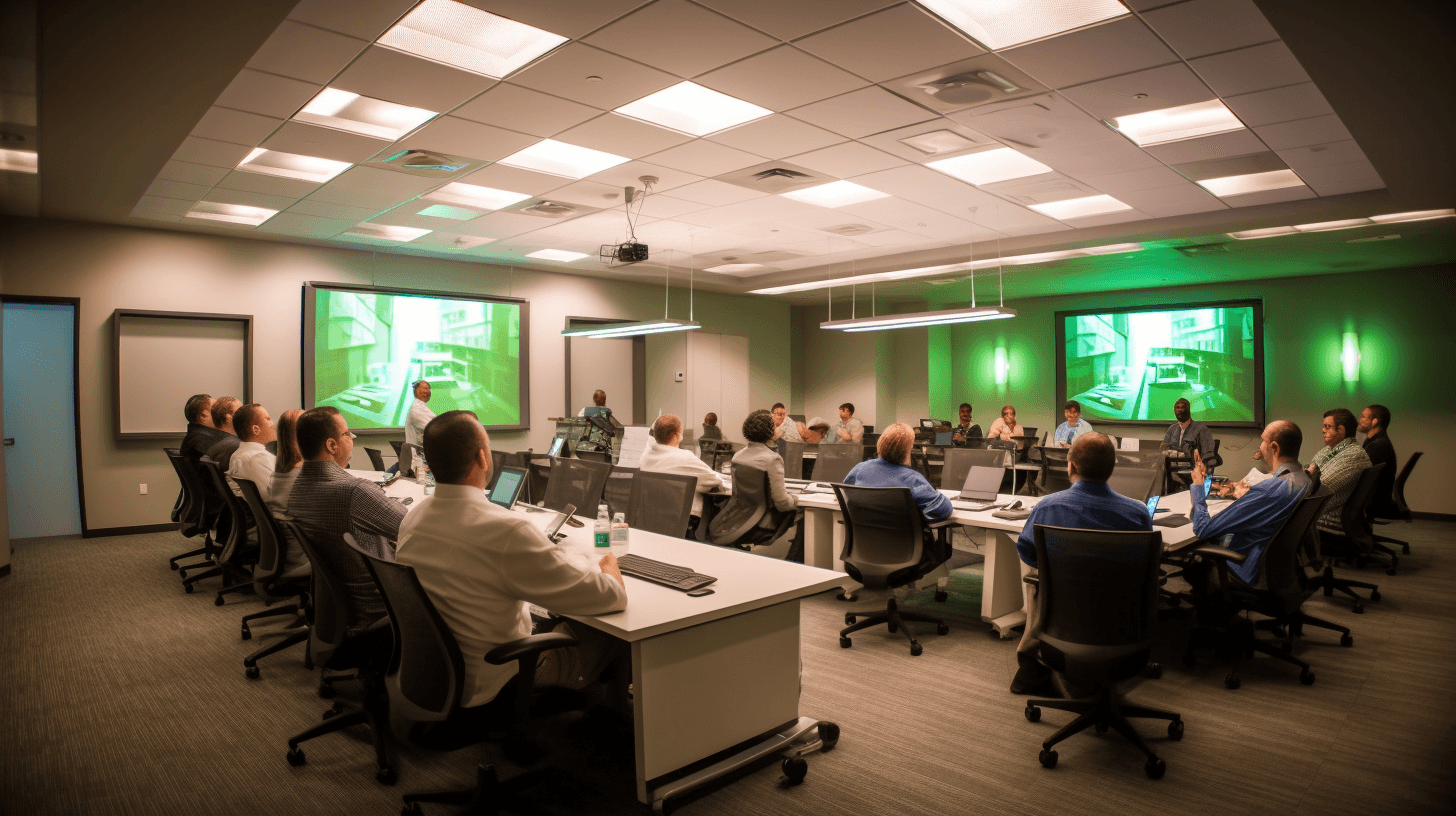 Employee at a cybersecurity training; focus on presenter with blue-green accents.