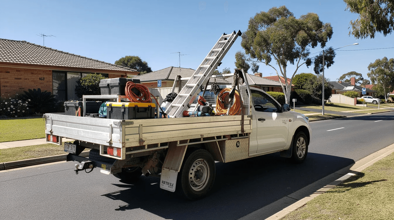 A white work ute is driving along an Australian suburban road, showcasing tools neatly arranged in its tray, symbolizing the daily operations of small business owners. This image reflects the essence of starting a business and the importance of having the right tools for a successful business venture.