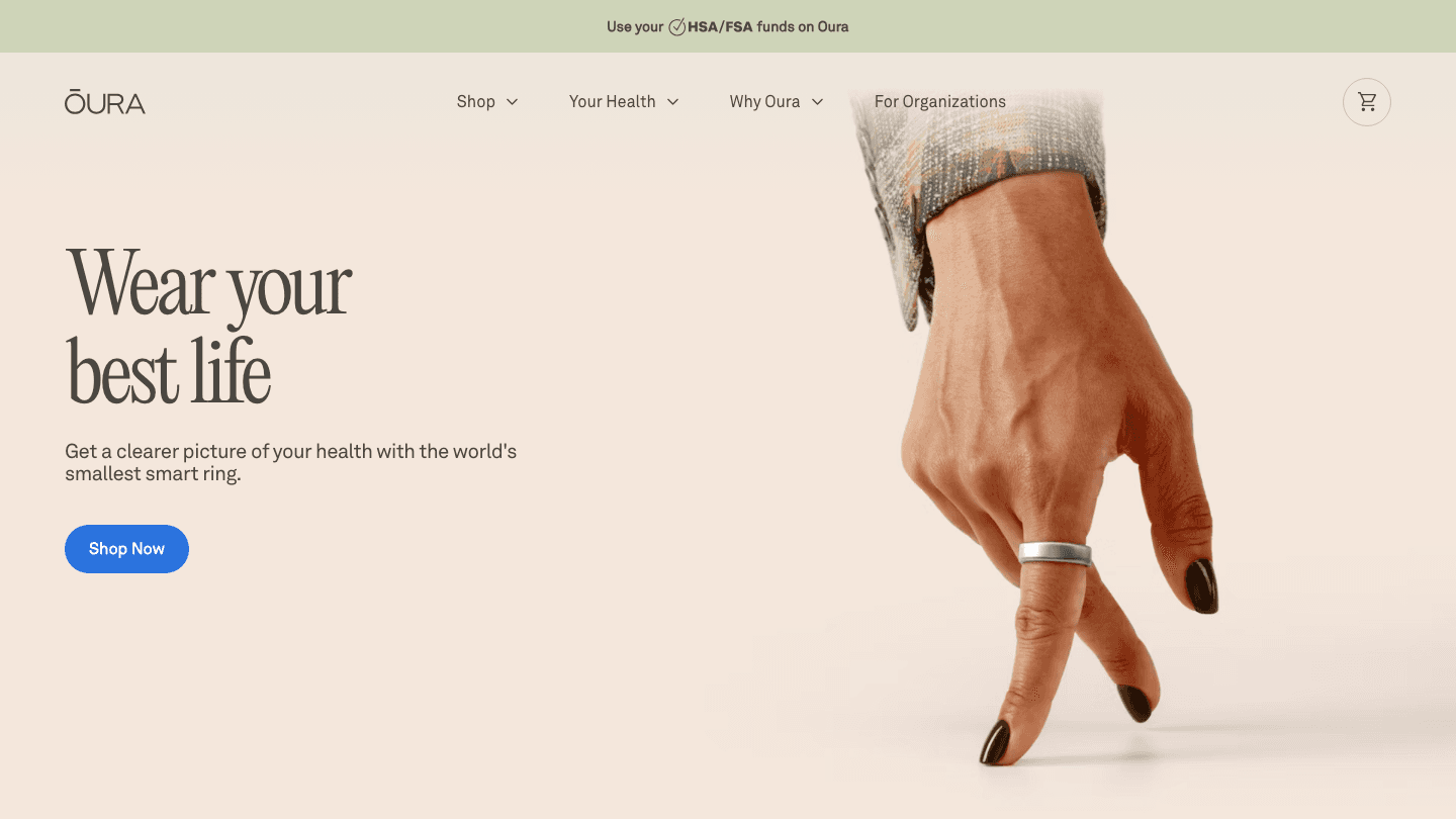 Oura website showing the Gen 4 smart ring for health and sleep tracking