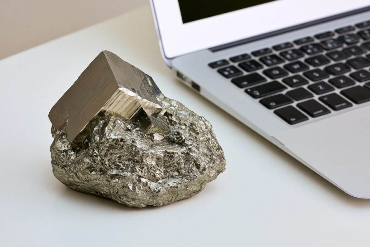 Raw pyrite cube with a metallic luster on a desk.