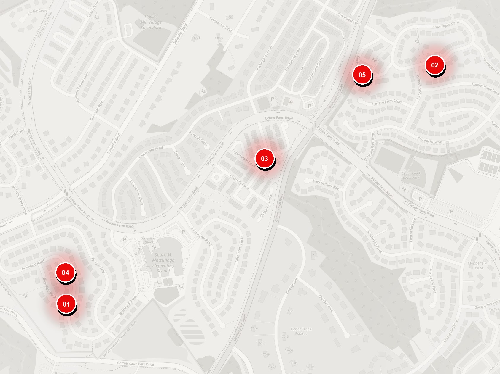 Map of Kingsview Village with the five homes marked