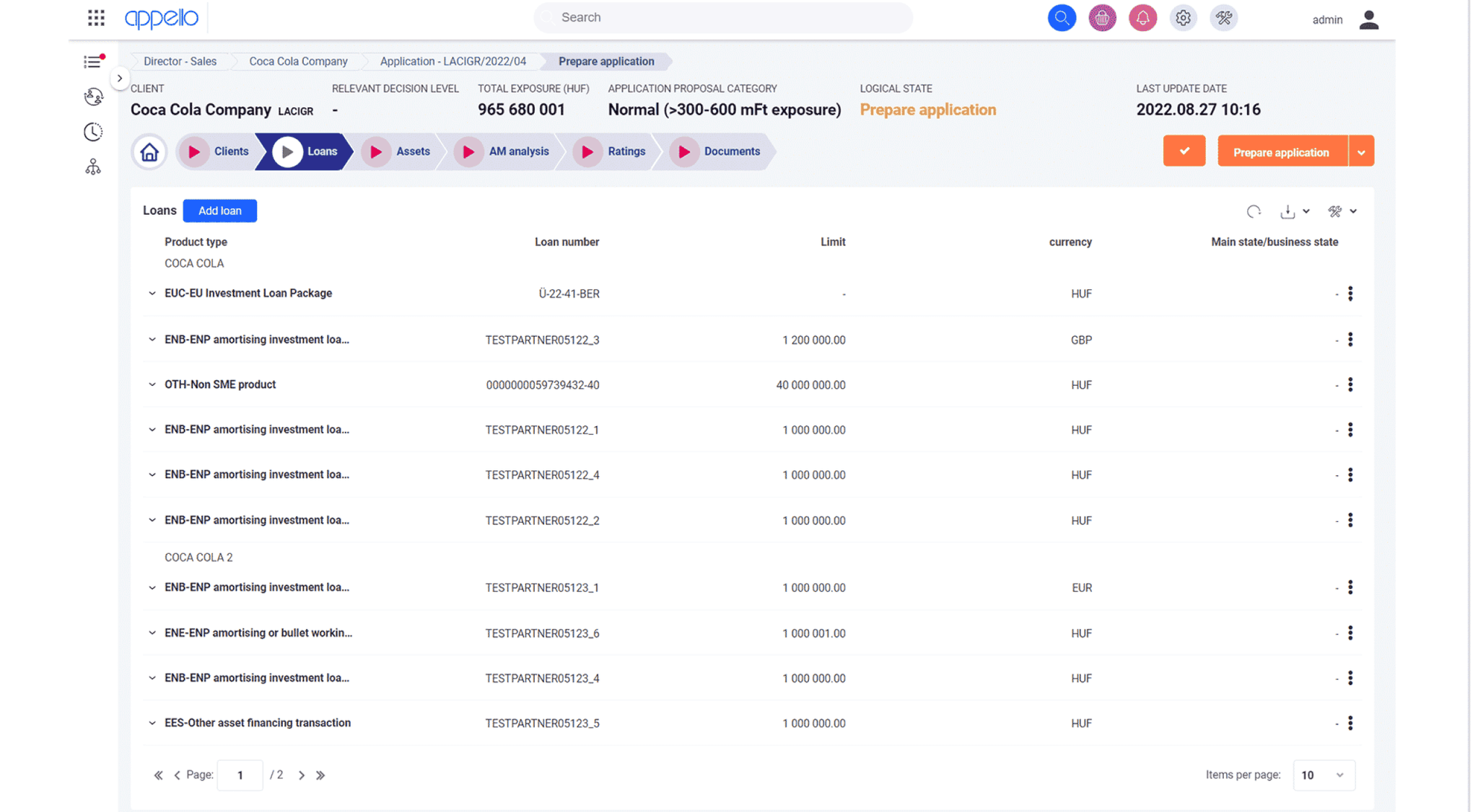 The image displays a detailed financial dashboard for a company, showcasing various loan products, their respective loan numbers, limits, and associated currencies in a tabular format, with options to prepare an application and view application details.