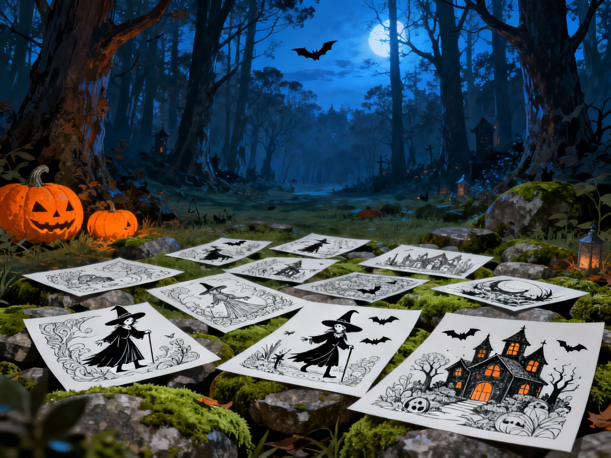 A fine-art style wide landscape digital illustration of a whimsical Halloween-themed forest clearing