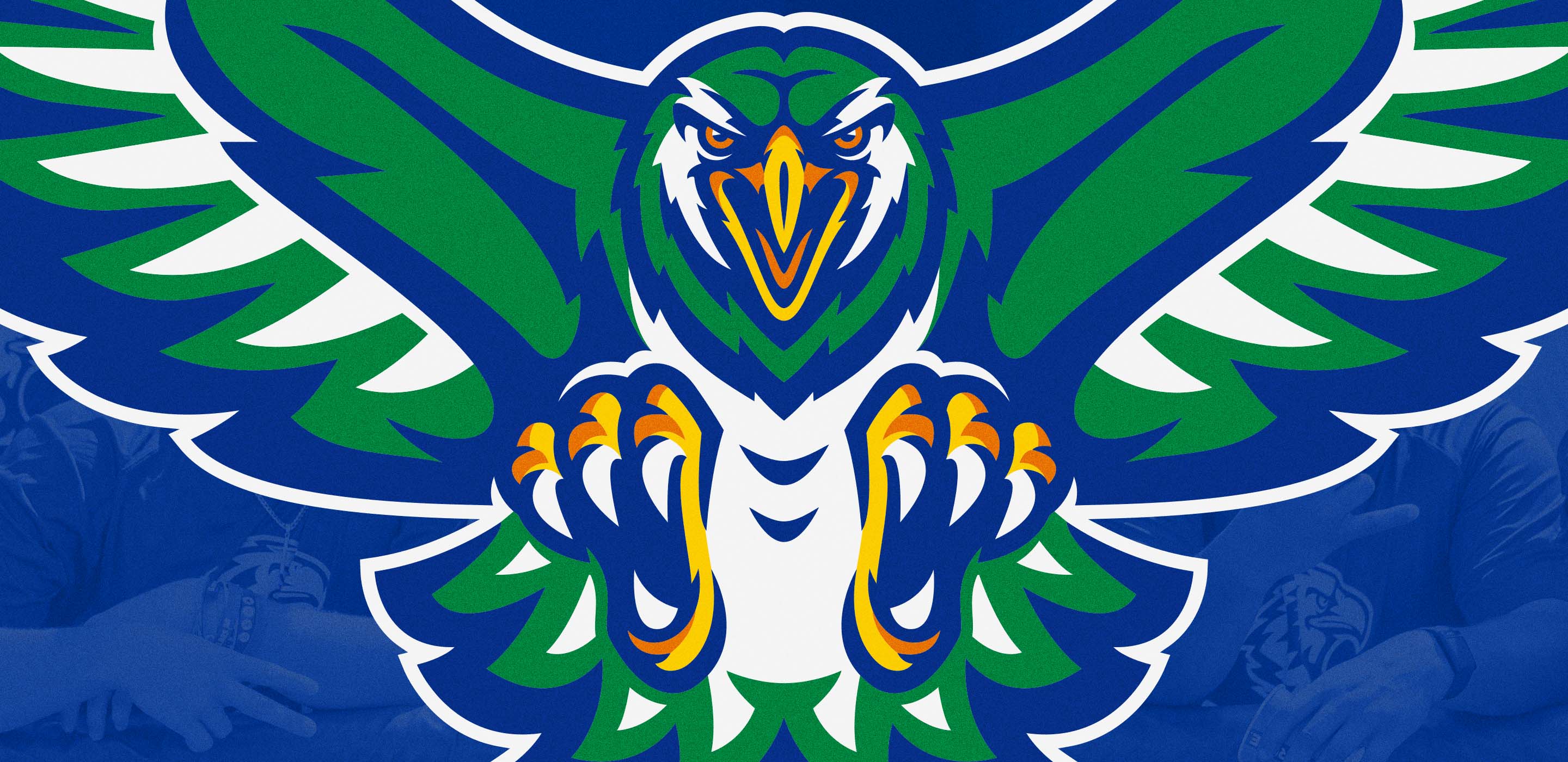 Lakehawks athletics full hawk logo on blue background.