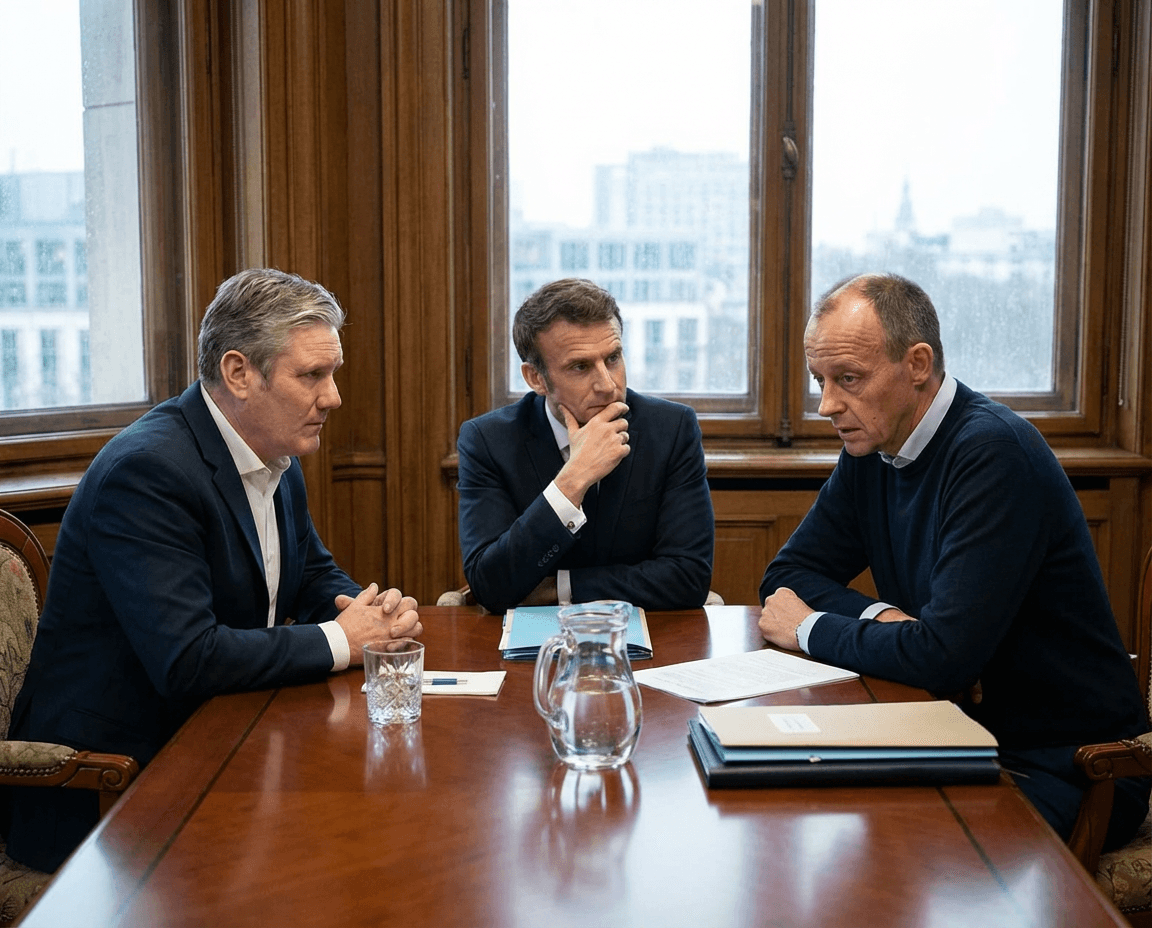 Starmer, Macron, and Merz in a meeting reflecting concern over transatlantic relations.