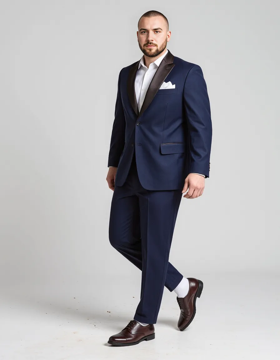 Professional photograph of navy blue tuxedo with black satin lapels, white pocket square, and brown leather shoes against minimal background.