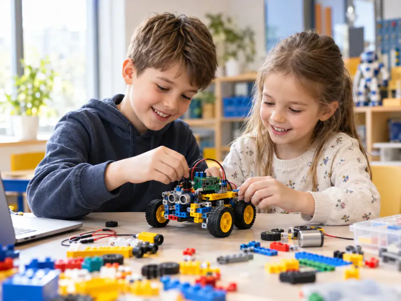 Children building a LEGO robot together