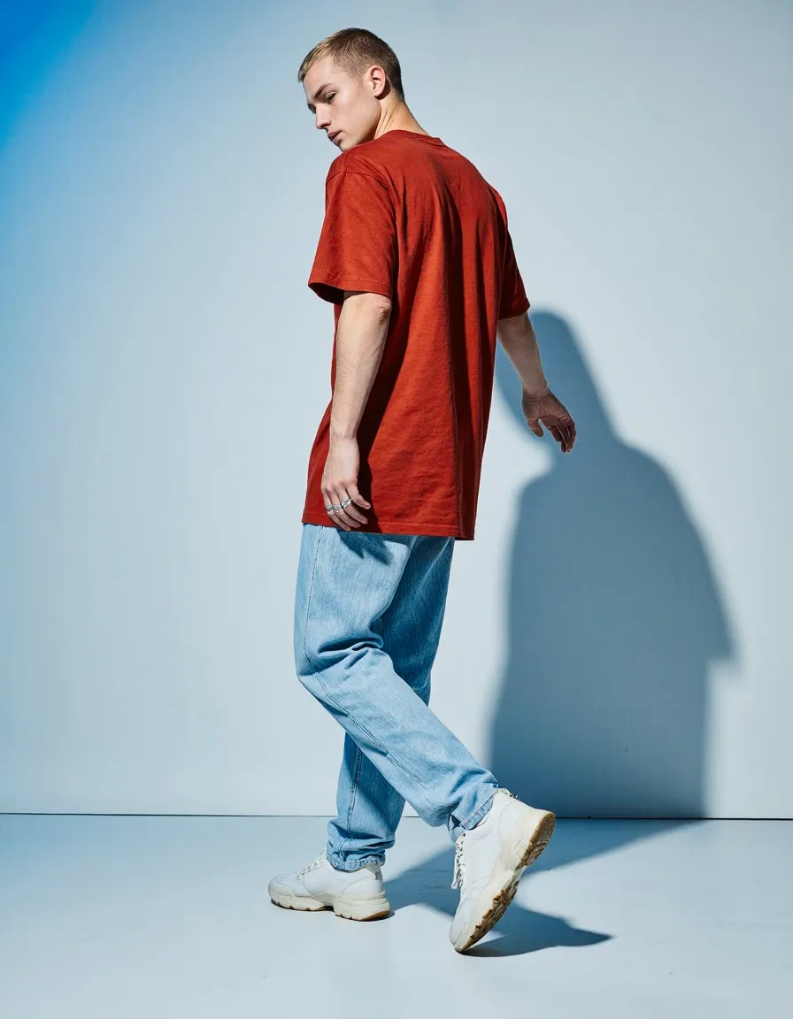 Male model in rust red t-shirt and light blue jeans against blue backdrop in modern streetwear fashion photography