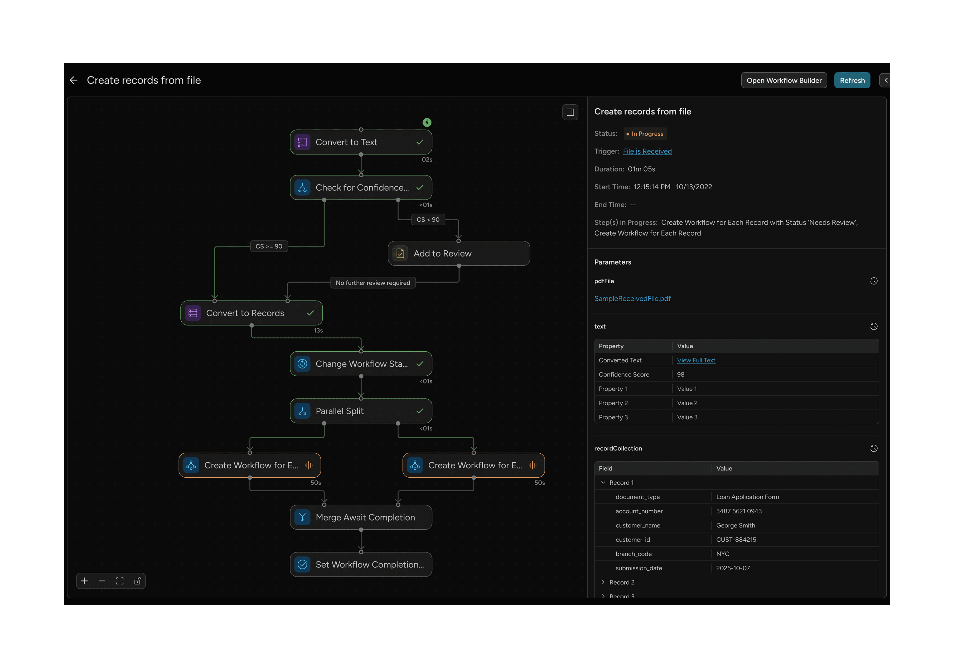 Workflow builder with ‘Add to Review’ step selected and task details on right