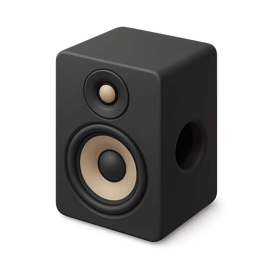 A sleek black speaker with a minimalist design and two beige circular elements. Its glossy surface and rounded edges create a modern, stylish look.