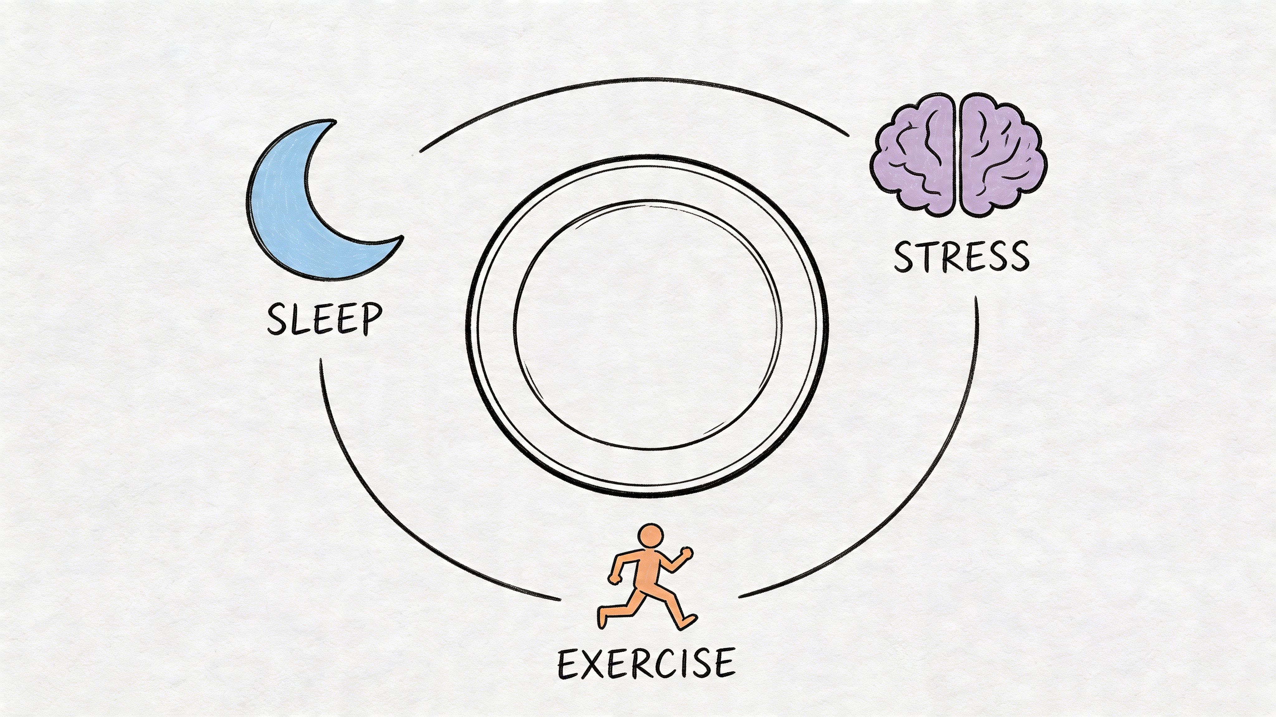 An illustration showing a cycle of sleep, stress, and exercise icons surrounding an empty plate.