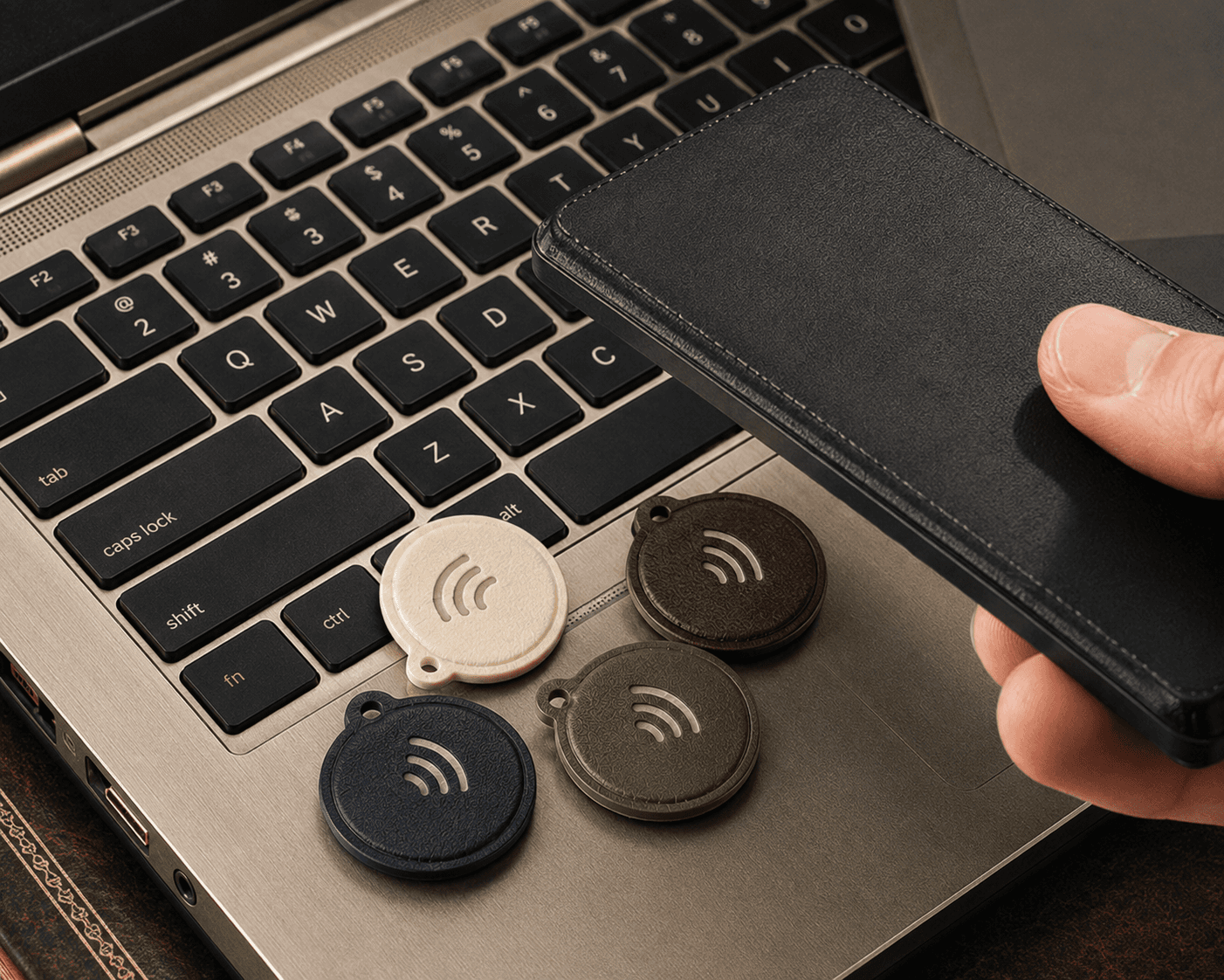 A close-up shot of four circular leather-textured NFC key fob tags—in beige, brown, navy blue, and olive green—resting on the palm rest of an open silver laptop keyboard. Each tag features a small keyring loop and an embossed Wi-Fi signal icon. A hand holds a black leather-covered smartphone or card reader above the tags, tapping one to scan it in a modern office setup.