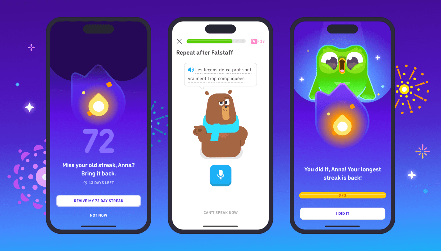 Duolingo gamification mechanics example across three mobile screens: streak win-back screen urging user Anna to "Revive My 72 Day Streak" with 13 days remaining; active French lesson with bear character Falstaff and voice recording prompt; and streak restoration success screen "You did it, Anna! Your longest streak is back!" with progress bar (3/5) and Duo owl celebrating with fireworks — illustrating loss aversion, personalization, and reward mechanics in app engagement and retention design