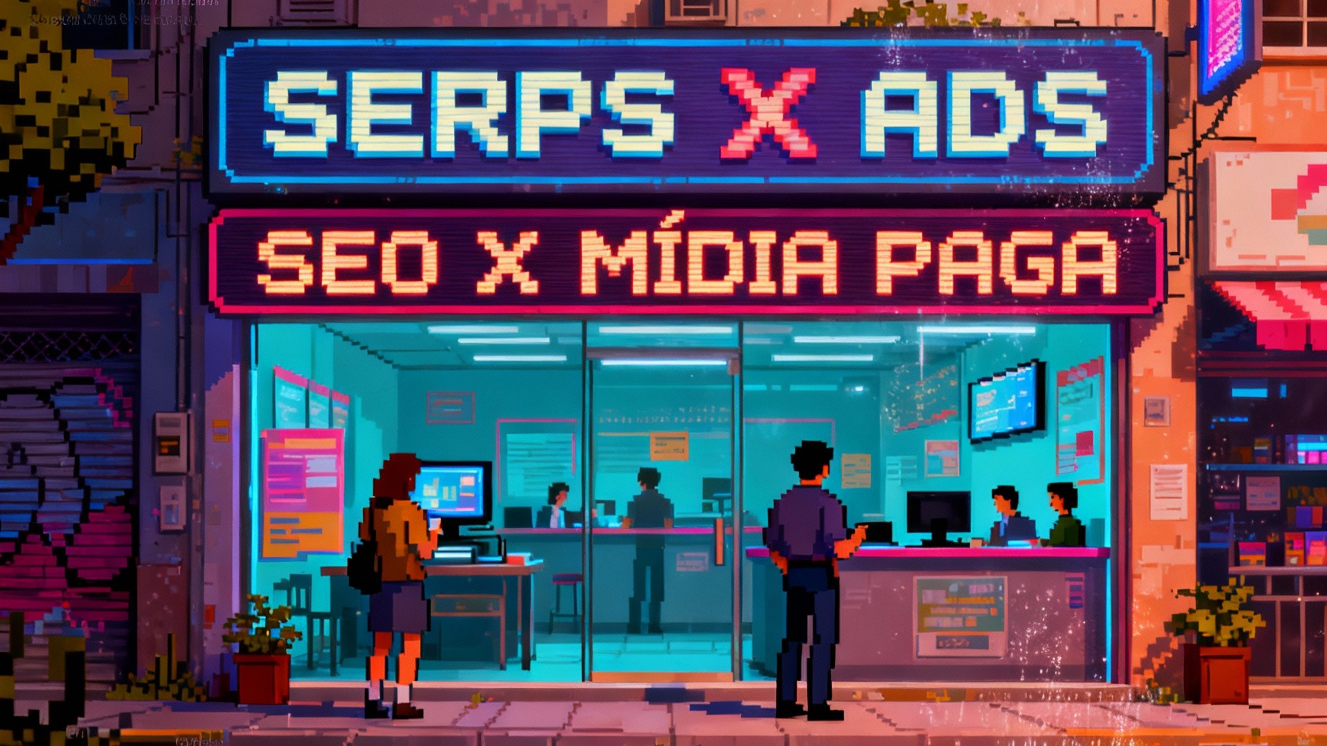 a surreal and vibrant cinematic photo of, Turn this photo into 8-bit retro video game style image. Maintain the exact text SERPS X ADS