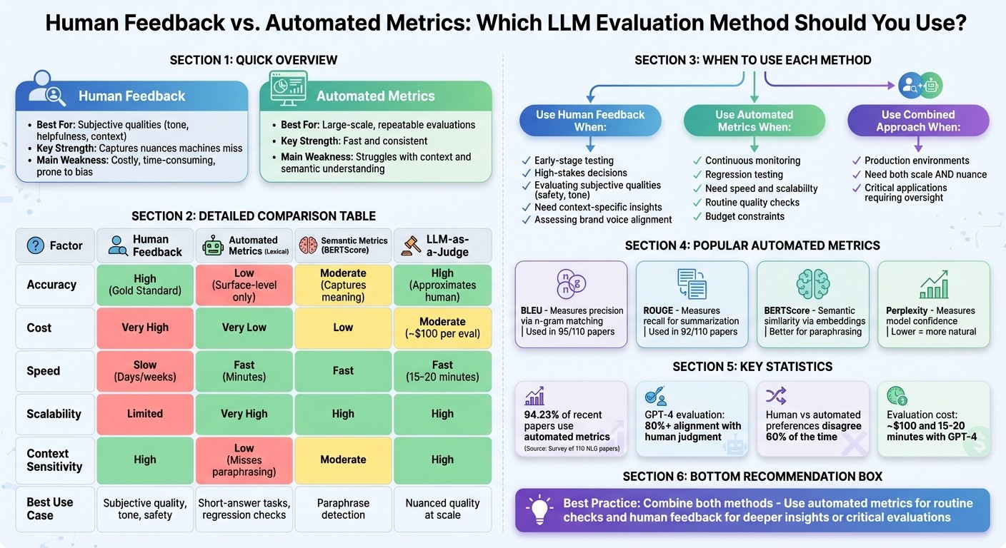 Human Feedback vs Automated Metrics: Complete Comparison Guide for LLM Evaluation