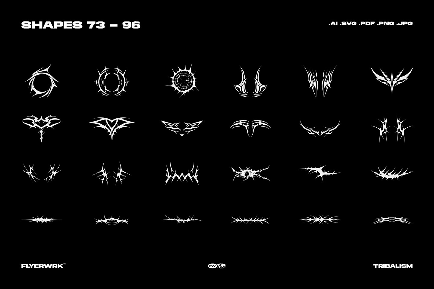 Tribalism vector shapes set preview showing gothic tribal symbols 73 to 96