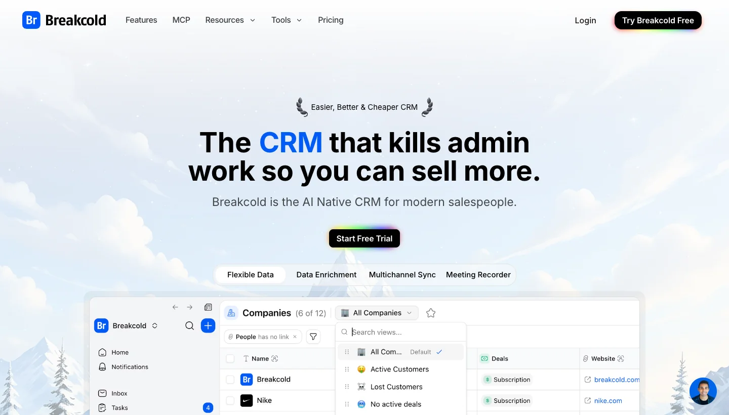 Breakcold homepage: AI-native social-selling CRM for LinkedIn and email