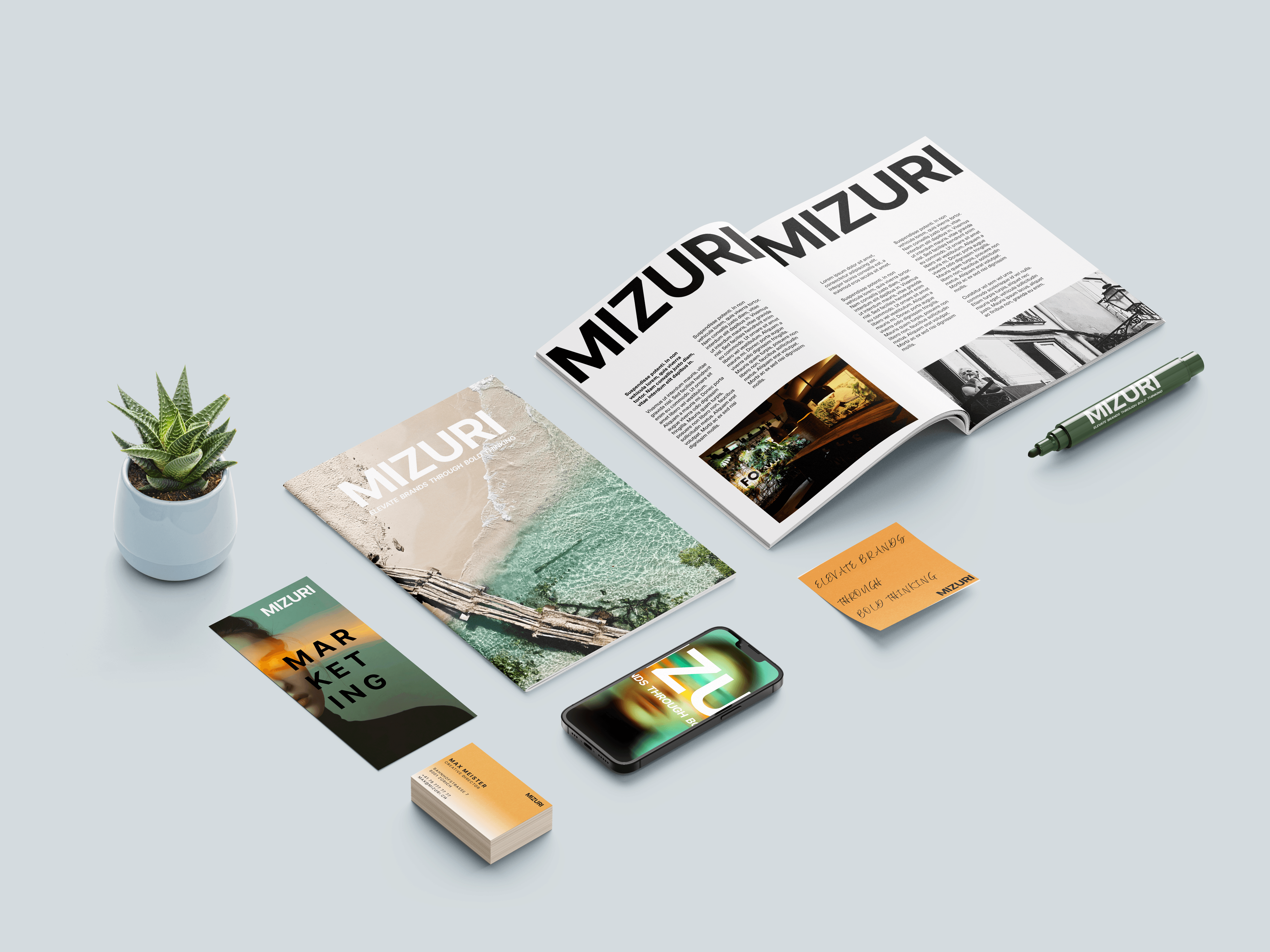 Branding and design materials showcasing tailored creative solutions by Mizuri