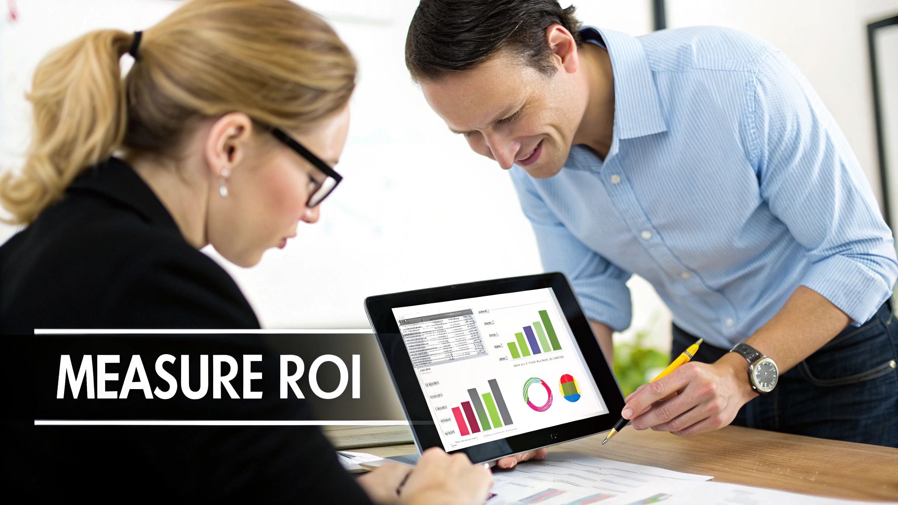 Two business professionals analyzing performance data and charts on a tablet, with 'MEASURE ROI' text.
