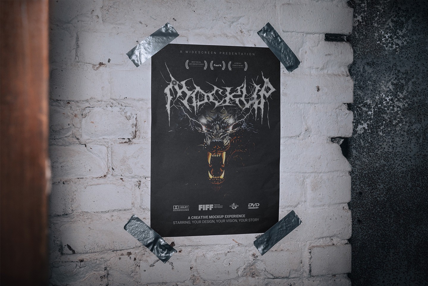 Dark metal-themed poster mockup featuring a wolf illustration taped casually to a stained concrete background