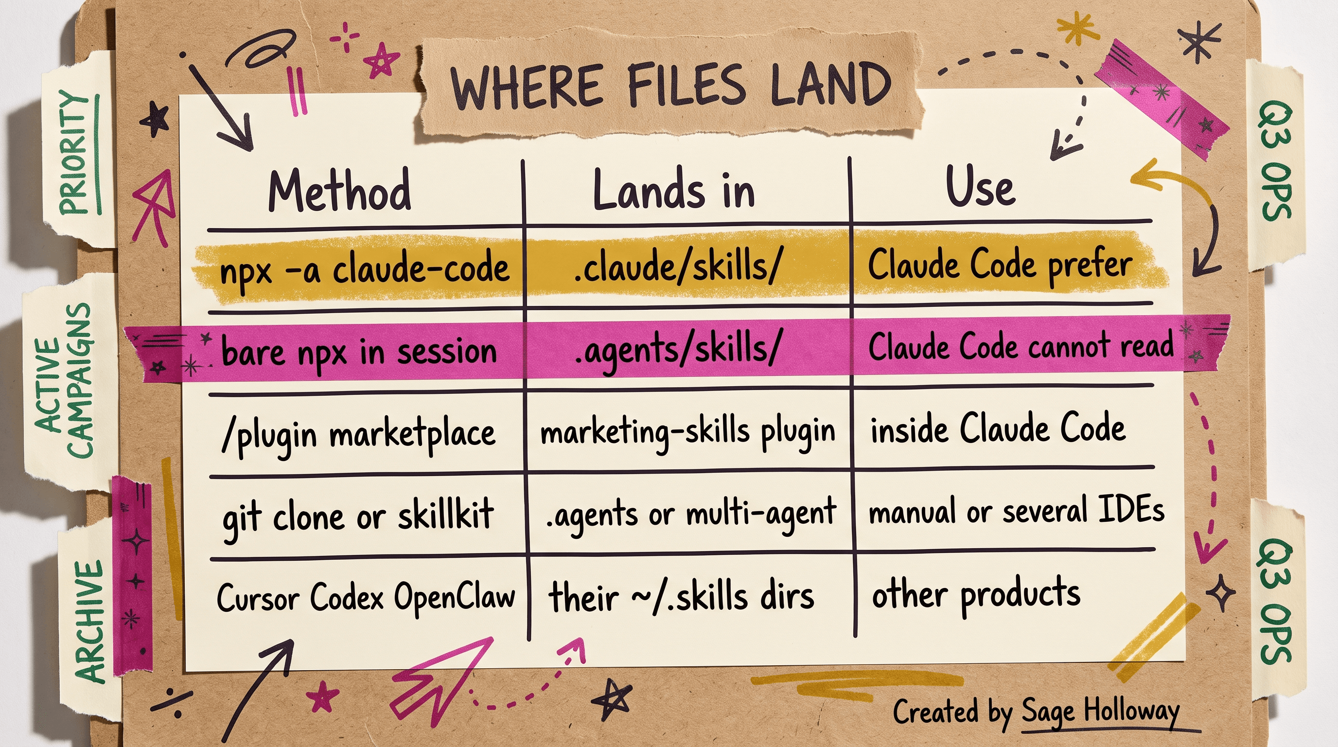Table comparing npx -a claude-code, bare npx, plugin marketplace, git clone, and other IDE skill directories