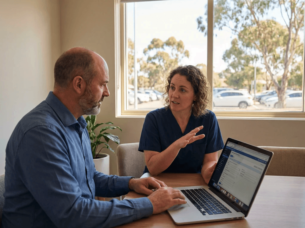 A WHS manager in his mid-40s and a people-and-culture lead in her late 30s sitting at a wide desk in a calm, well-lit office, working through a structured process together. He has a laptop open showing a multi-step interface — a left-hand navigation panel with numbered stages and a main panel with form fields and dropdown selectors, visible in structure and colour but not legible. She is sitting beside him with a printed copy of the Code of Practice open to a specific page, one finger resting on a paragraph she has just referenced.