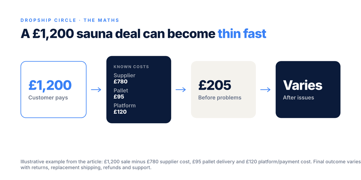 Money flow showing how a £1,200 eBay garden sauna sale is reduced by supplier cost, pallet delivery, platform costs and possible support issues.