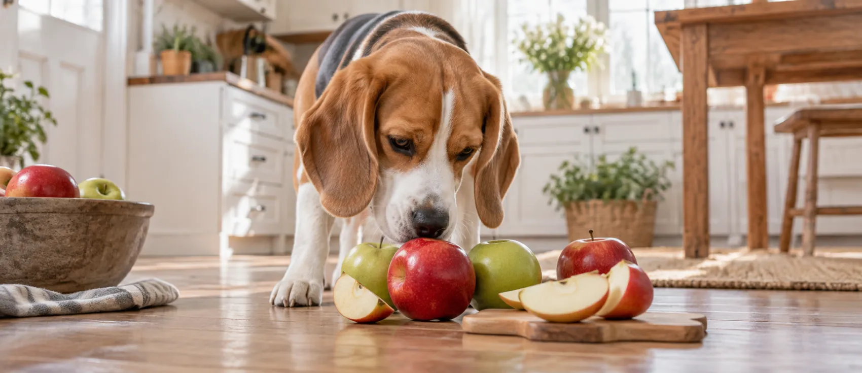 A Beagle sniffs whole and sliced apples arranged on the kitchen floor.
