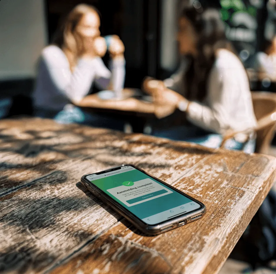 Smartphone op een houten tafel toont de melding ‘Aanmelding compleet’, met studenten op de achtergrond