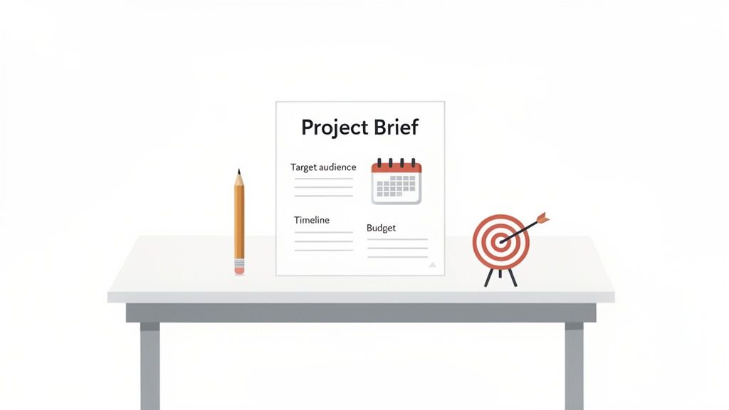 An illustration of a project brief document, a pencil, and a target representing planning and goals.