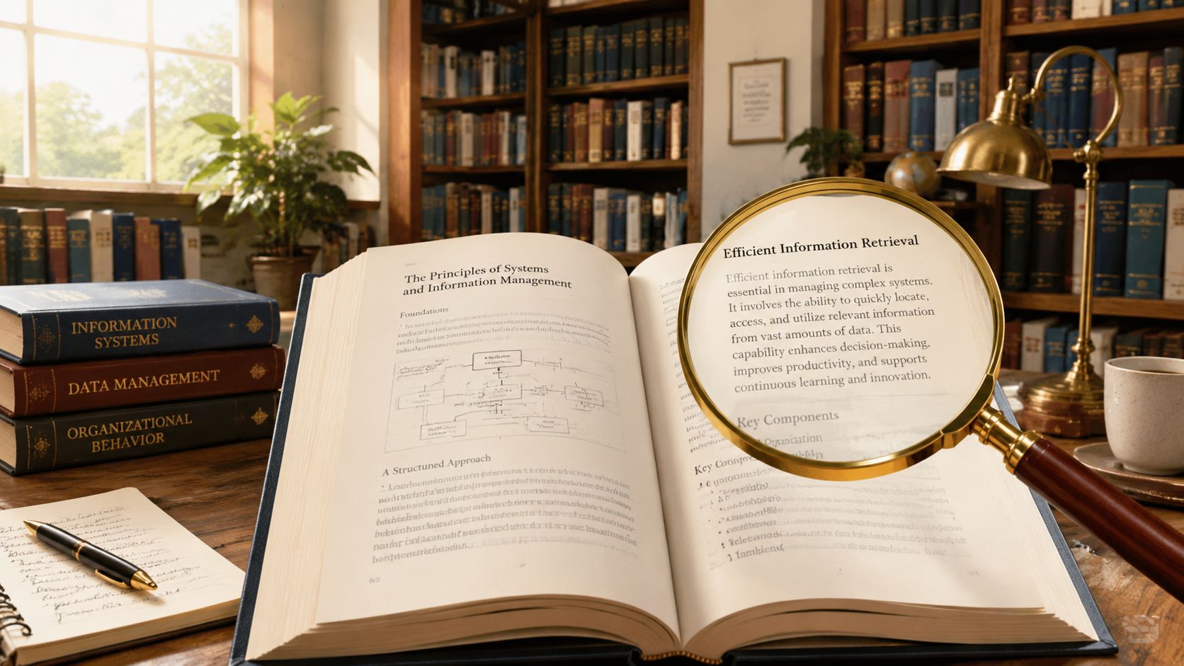 A magnifying glass focused on text about information retrieval in an open book on a library desk.