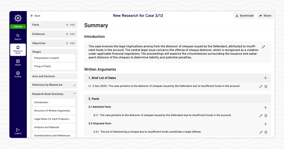 Visual representation of BharatLaw.ai’s ResearchBook feature, highlighting tools for saving, organizing, and annotating legal research