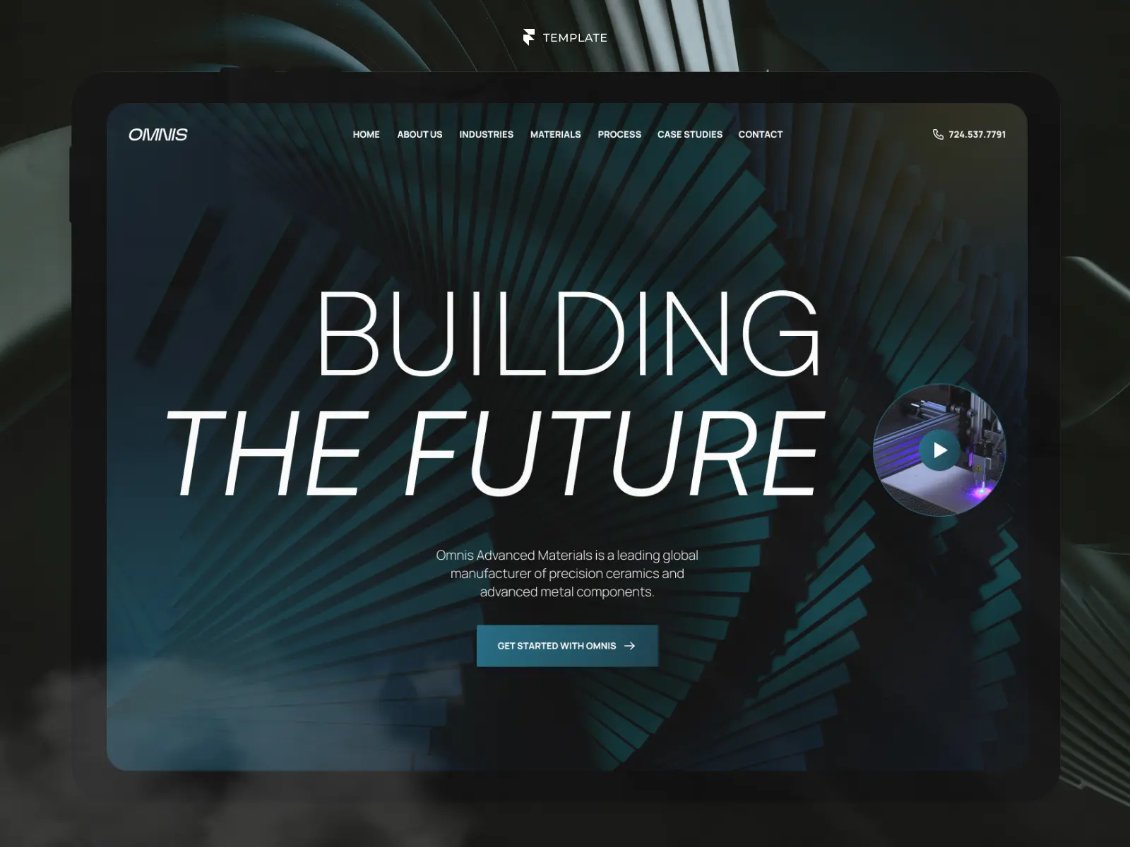 Industrial manufacturing Framer website template displayed on a tablet featuring a modern B2B advanced materials company website.