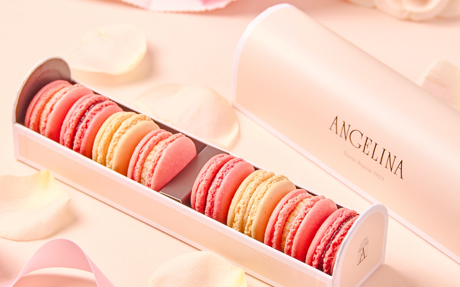 Hộp bánh macaron hỗn hợp tại Angelina Rivoli, Paris, Pháp.