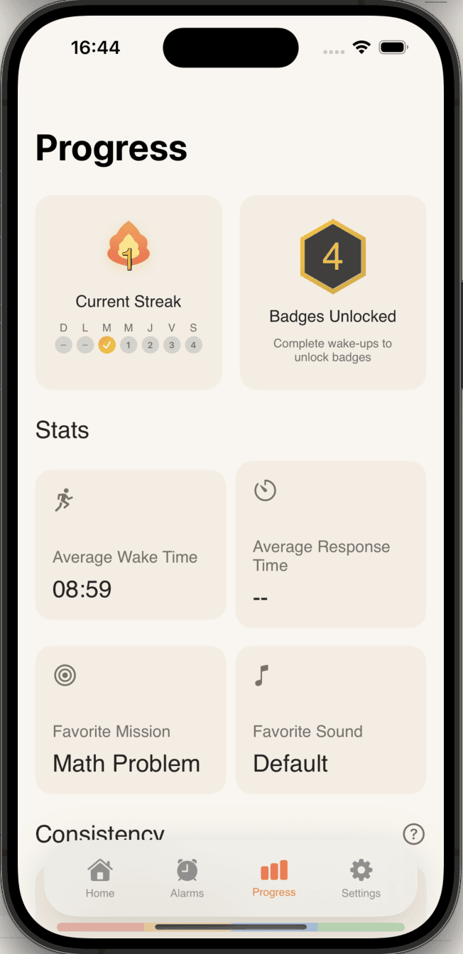 Gold iPhone showing a habit tracker performance screen with journaling and meditation stats, including completion counts and 30-minute durations, on a clean white background.
