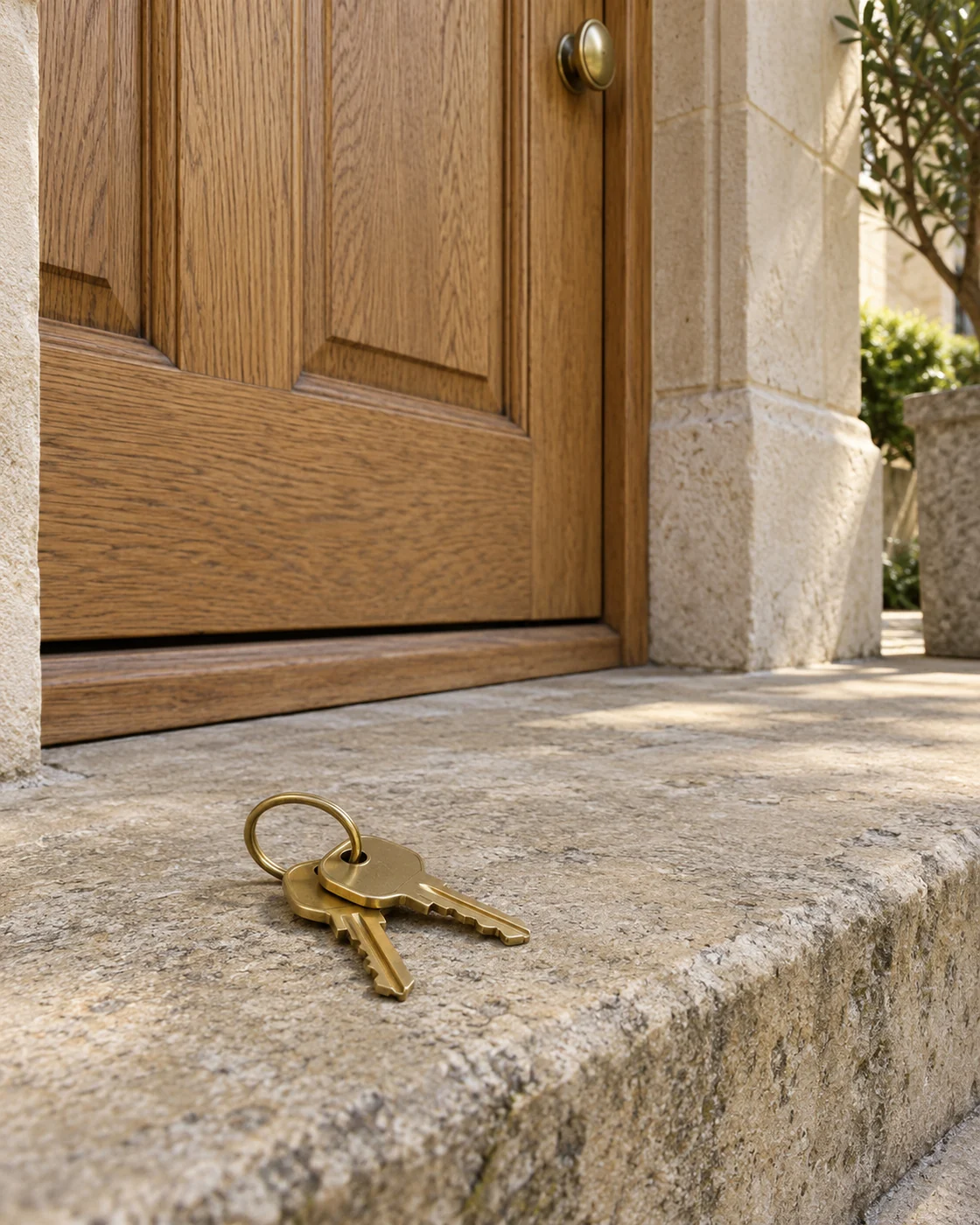 Oak front door with brass keys on a stone step